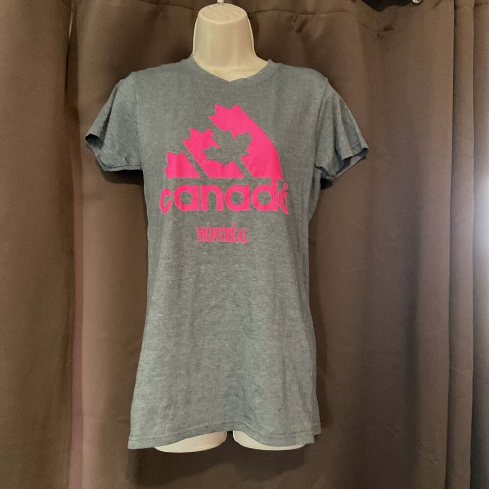 Adidas Montreal Canada Graphic T-Shirt, Heather Grey / Neon Pink, Size L
